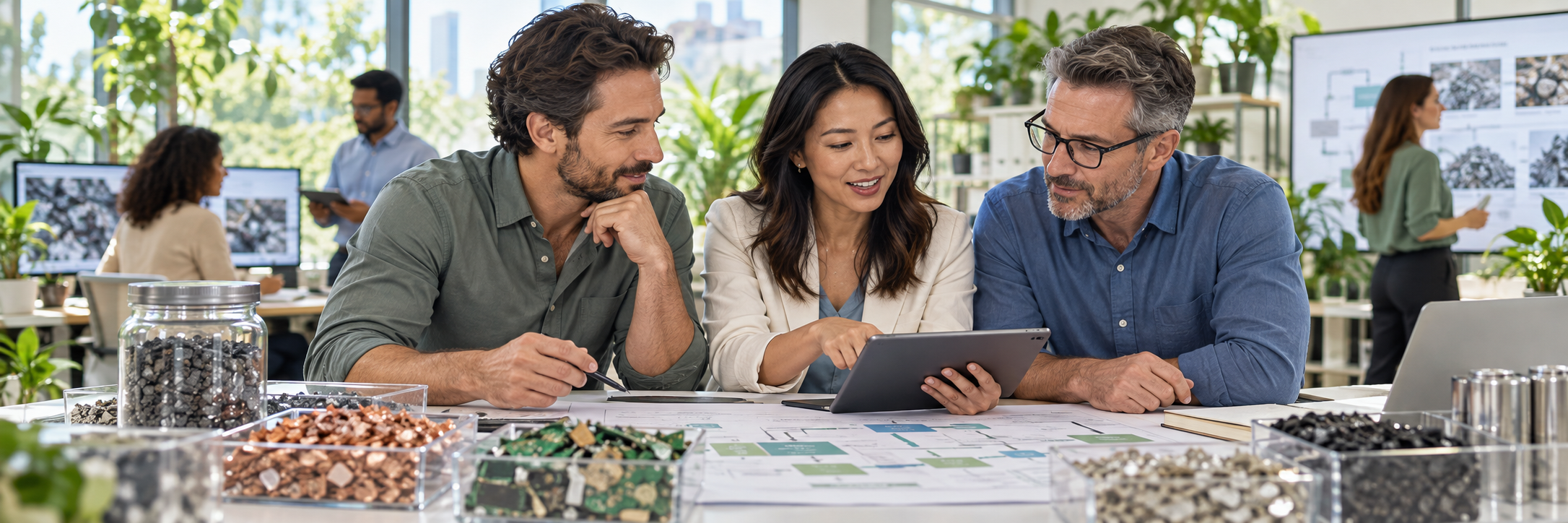 Concept image of recycling specialists collaborating on a materials recovery plan
