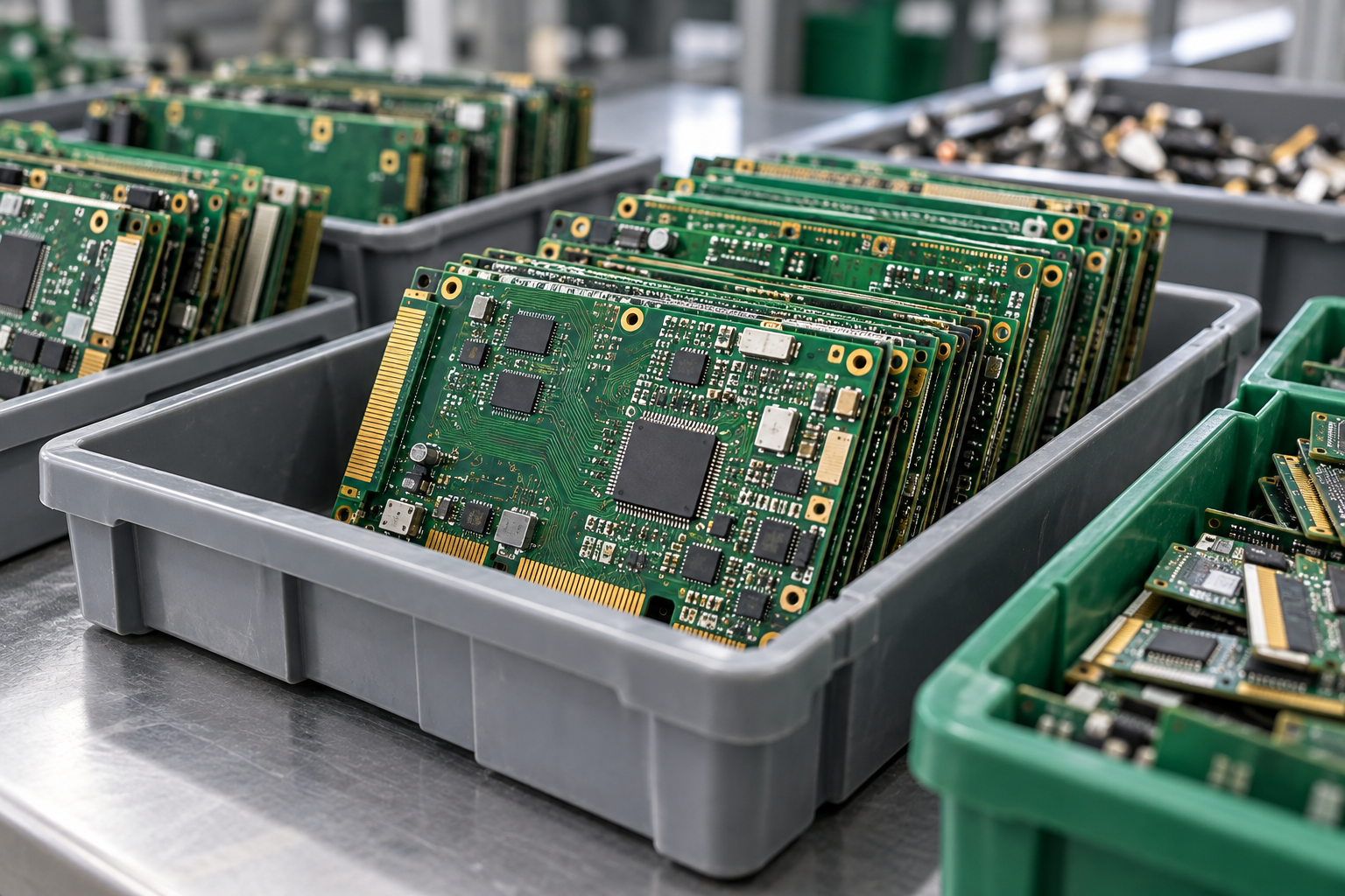 Concept image: neatly sorted circuit boards and electronic components