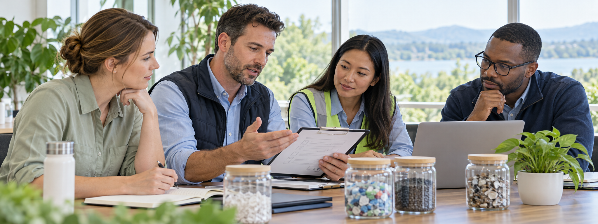 Concept image of professionals discussing safe recycling operations and compliance